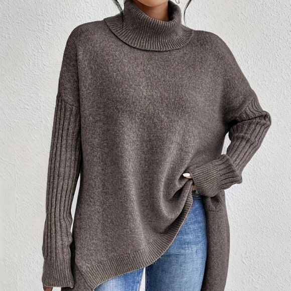 Women's Elegant High-Neck Ribbed Sweater - Soft All-Season Pullover, High Neck - Picture 3 of 5